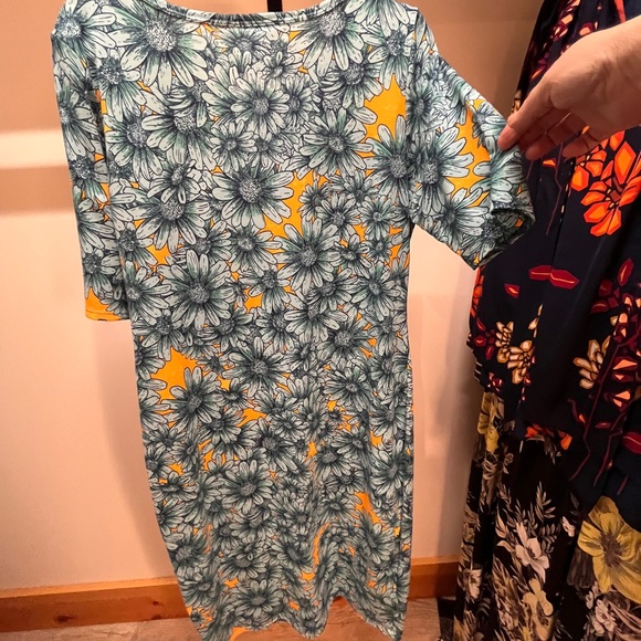 LuLaRoe Teal Floral Midi Dress with Mustard Accents - Picture 3 of 5